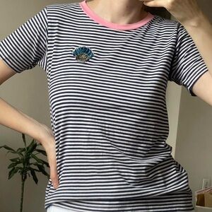 J. Crew Navy and White Striped Tee with Pink Trim and Shell Patch